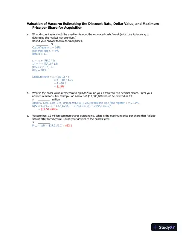 Valuation Of Vaccaro: Estimating The Discount Rate, Dollar Value, And Maximum Price Per Share For Acquisition - Page 1 preview image