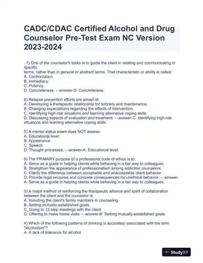 2023-2024 CADC/CDAC Certified Alcohol and Drug Counselor Pre-Test Exam With Answers (199 Solved Questions) - Page 1 preview image