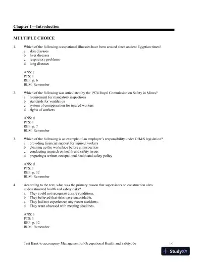 Management Of Occupational Health And Safety, 5th Edition Test Bank - Page 1 preview image