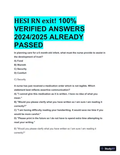 2024-2025 HESI RN Exit Exam with Answers (156 Solved Questions) - Page 1 preview image