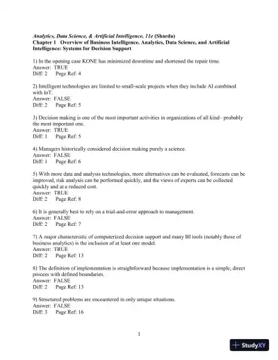 Test Bank for Analytics, Data Science, And Artificial Intelligence: Systems For Decision Support, 11th Edition - Page 1 preview image
