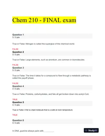 Portage Learning Chemistry Final Exam With Answers (30 Solved Questions) - Page 1 preview image