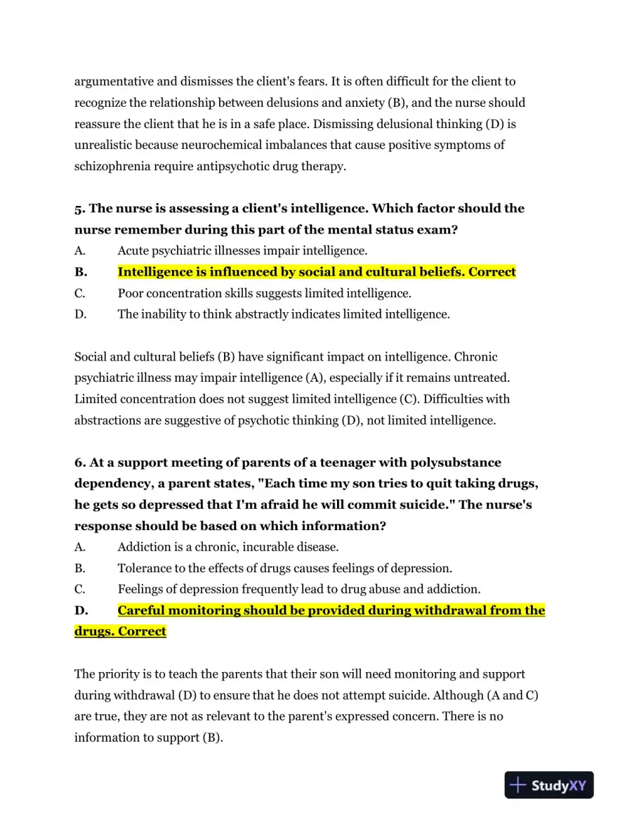 2023-2024 NR326 HESI Mental Health Real Exam With Answers (75 Solved Questions), page 4
