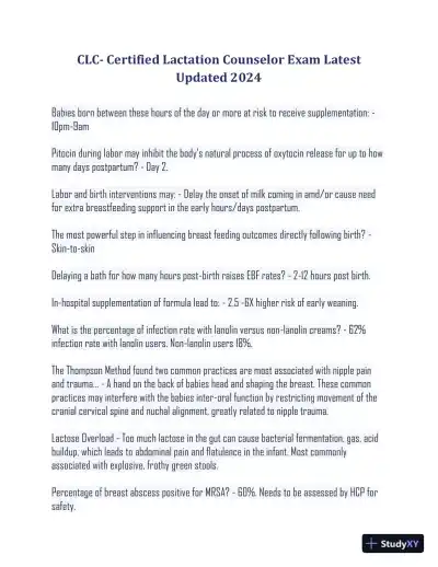 2024 CLC Postnatal Health Certified Lactation Counselor Exam With Answers (253 Solved Questions) - Page 1 preview image