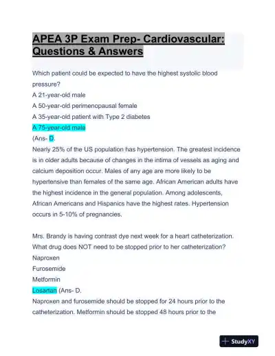 APEA Cardiovascular 3P Exam Preparation With Answers (97 Solved Questions) - Page 1 preview image