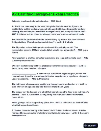 Comprehensive AZ Certified Caregiver Exam With Answers (80 Solved Questions) - Page 1 preview image