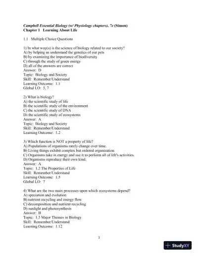 Test Bank for Campbell Essential Biology, 7th Edition - Page 1 preview image