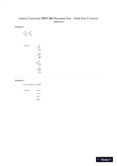 Liberty University INFT 101 Placement Test � Math Part 1 Correct Answers - Page 1 preview image
