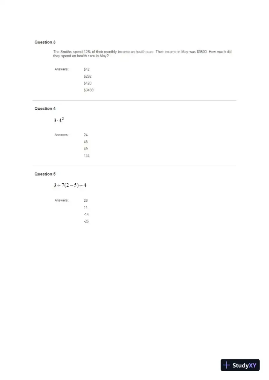 Liberty University INFT 101 Placement Test � Math Part 1 Correct Answers, page 3