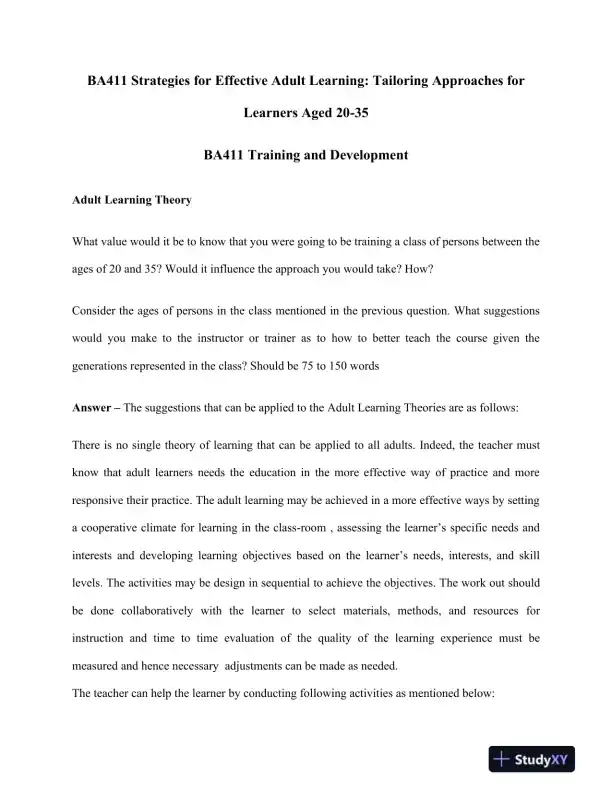 BA411 Strategies for Effective Adult Learning: Tailoring Approaches for Learners Aged 20-35 - Page 1 preview image