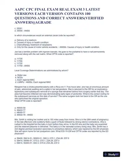 AAPC CPC Final Exam Real Exam 3 Latest Versions with Answers (100 Solved Questions) - Page 12 preview image