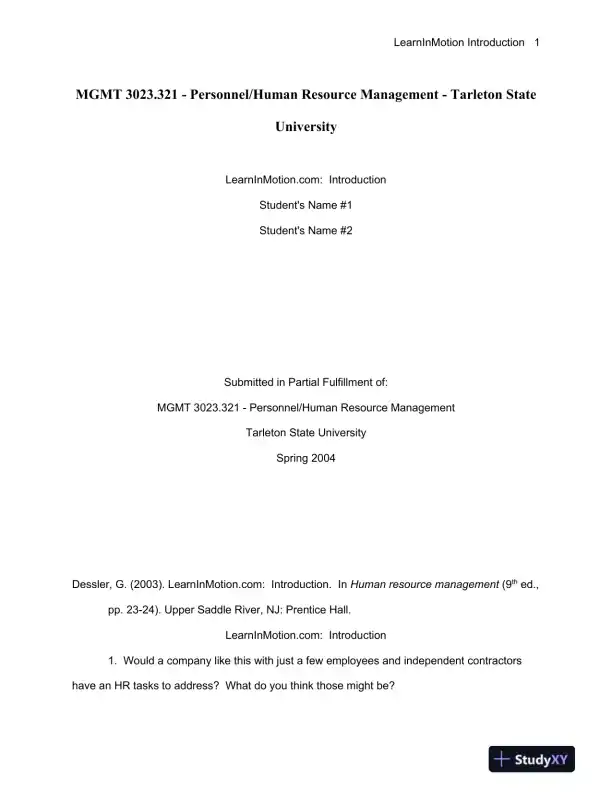 MGMT 3023.321 - Personnel/Human Resource Management - Tarleton State University - Page 1 preview image