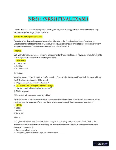 NR511 Clinical Analysis Final Exam With Answers (190 Solved Questions) - Page 1 preview image
