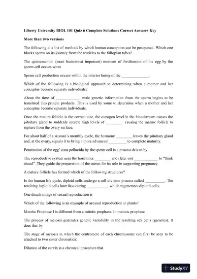 Liberty University BIOL 101 Quiz 6 Complete Solutions Correct Answers Key - Page 1 preview image