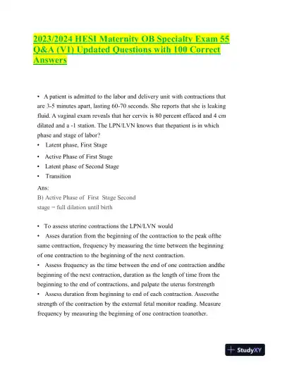2023-2024 HESI Maternity OB Exit Exam Version 1 With Answers (100 Solved Questions) - Page 1 preview image