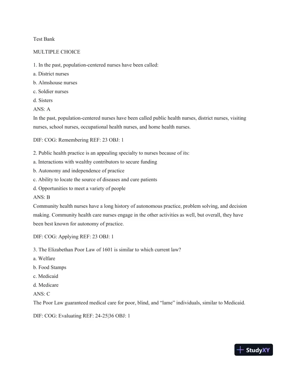 Test Bank For Public Health Nursing - Revised Reprint: Population-Centered Health Care In The Community, 8th Edition, page 13