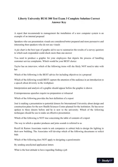 Liberty University BUSI 300 Test Exam 3 Complete Solution Correct Answer Key - Page 1 preview image