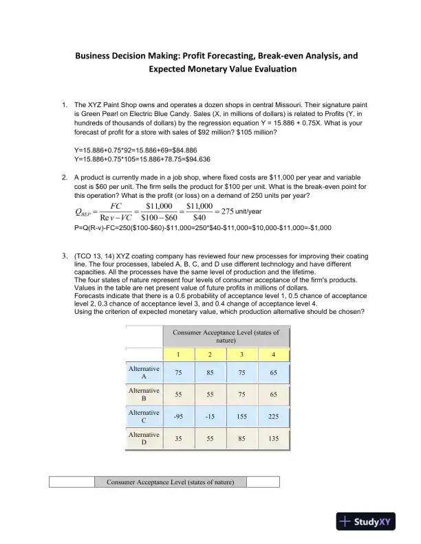Business Decision Making: Profit Forecasting, Break-even Analysis, and Expected Monetary Value Evaluation - Page 1 preview image