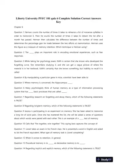 Liberty University PSYC 101 Quiz 6 Complete Solution Correct Answers Key - Page 1 preview image