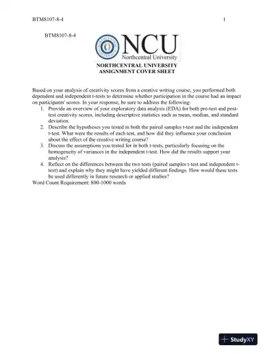 BTM8107-8-4 Assignment Cover Sheet Northcentral University - Page 1 preview image