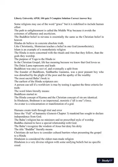 Liberty University APOL 104 Quiz 5 Complete Solution Correct Answer Key - Page 1 preview image