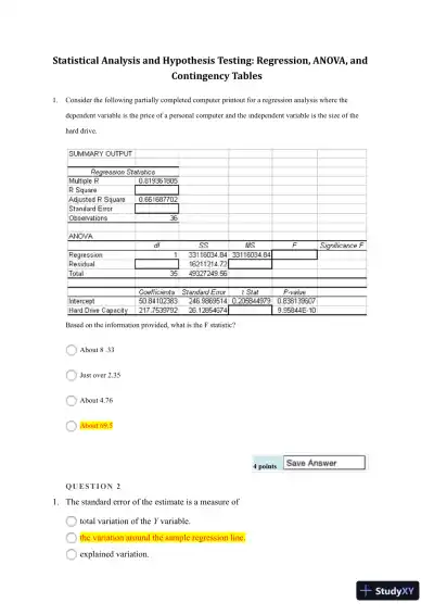 Statistical Analysis and Hypothesis Testing: Regression, ANOVA, and Contingency Tables - Page 1 preview image