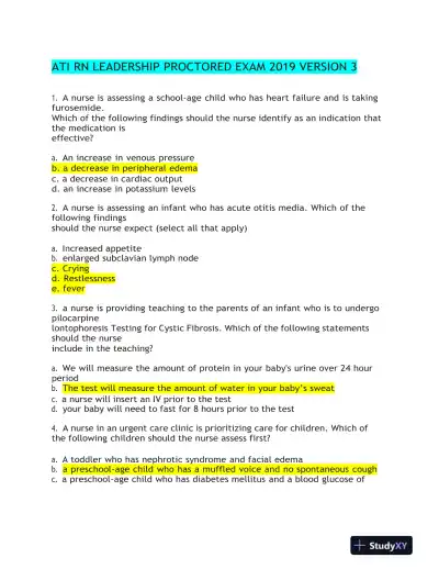 2019 ATI RN Leadership Proctored Exam Version 3 With Answers (70 Solved Questions) - Page 1 preview image