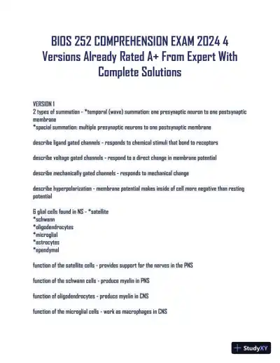 2024 BIOS252 Biology Comprehension Exam With Answers (133 Solved Questions) - Page 1 preview image