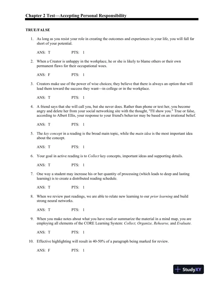 On Course: Strategies for Creating Success in College and in Life 7th Edition Test Bank, page 11