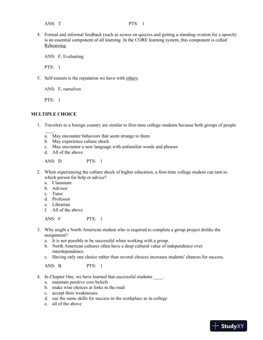 On Course: Strategies for Creating Success in College and in Life 7th Edition Test Bank, page 3