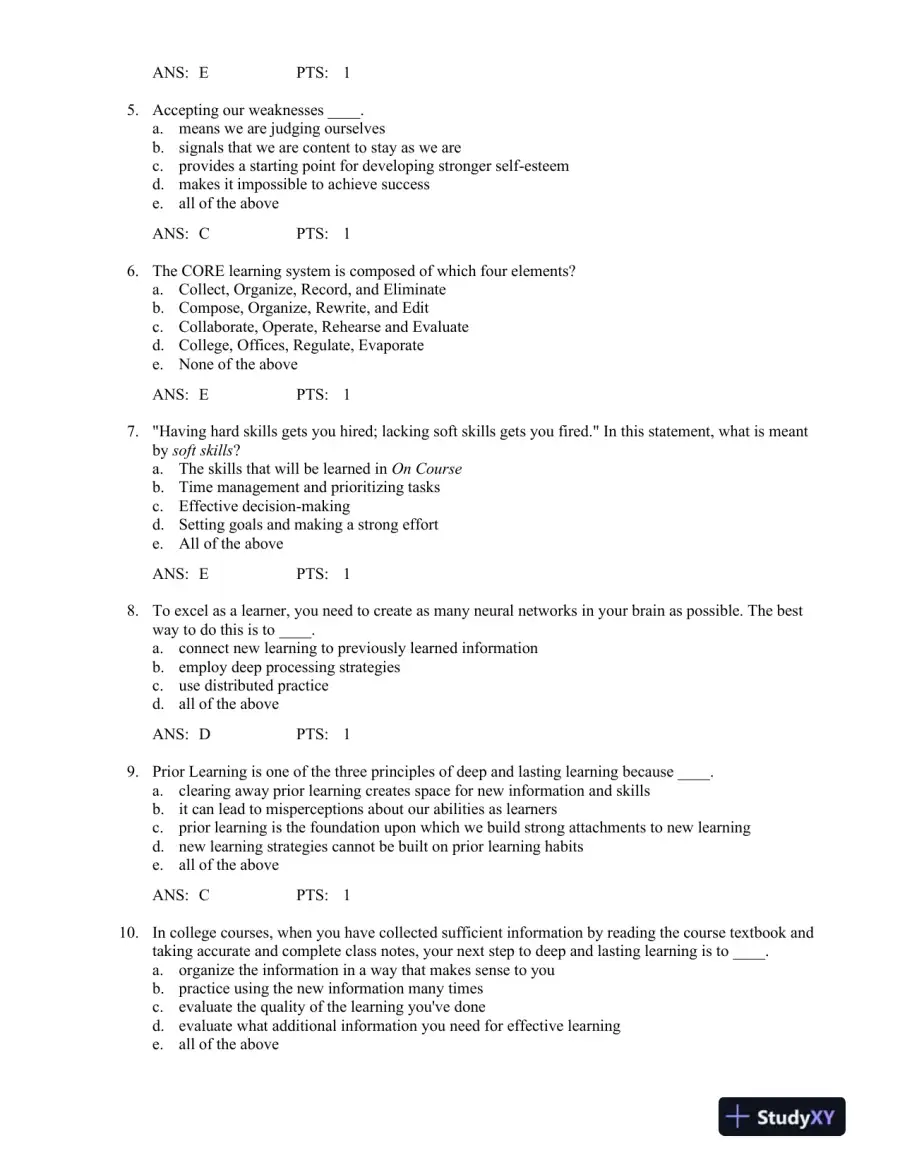 On Course: Strategies for Creating Success in College and in Life 7th Edition Test Bank, page 4