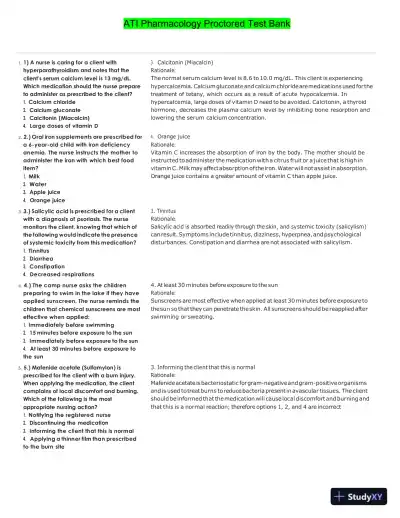 ATI Pharmacology Proctored Test Bank with Answers (313 Solved Questions) - Page 1 preview image