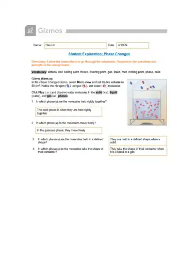 Hao Lin Gizmo Phase Changes Student Exploration WS - Page 1 preview image