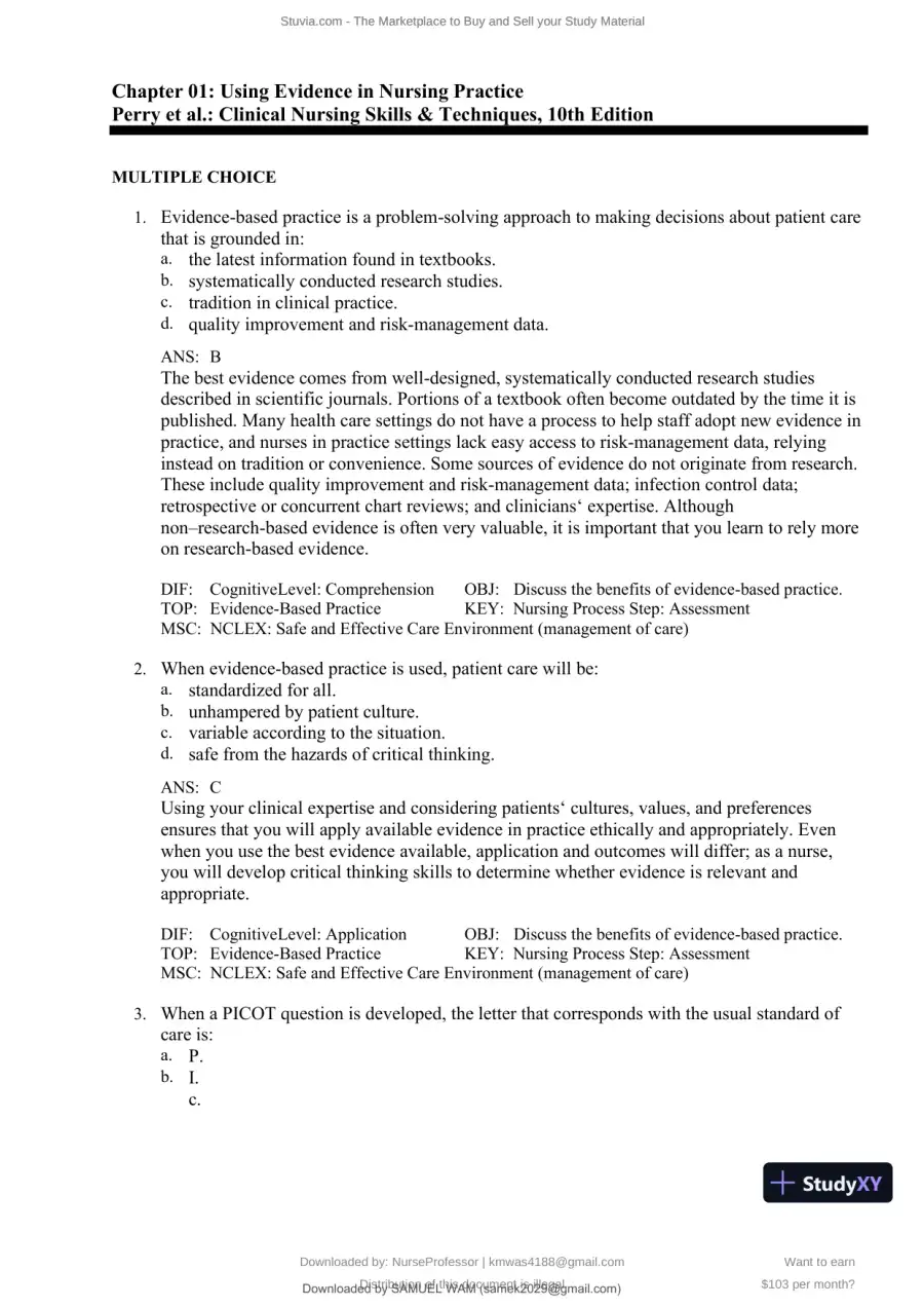 Test Bank for Clinical Nursing Skills and Techniques, 10th Edition (Chapters 1-43), page 4
