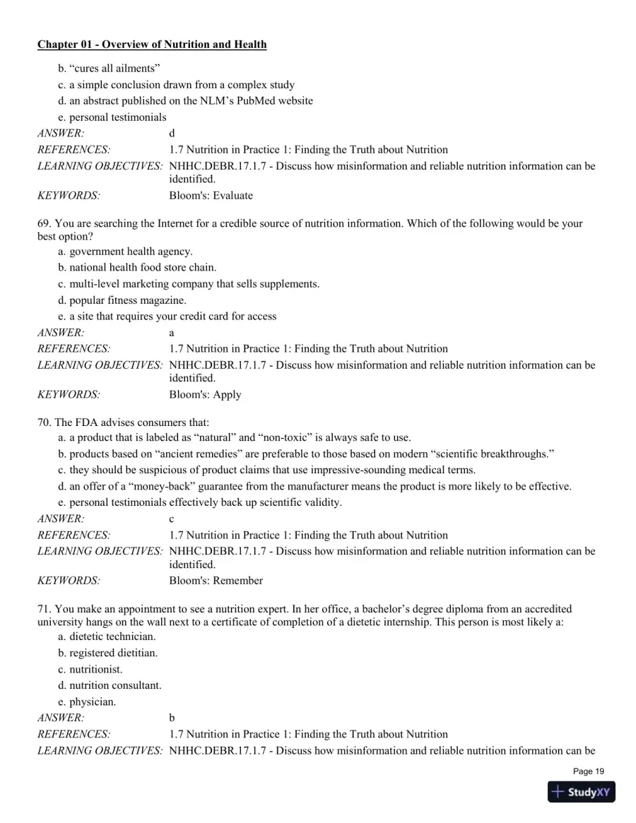 Test Bank For Nutrition for Health and Healthcare 6th Edition Test Bank, page 20