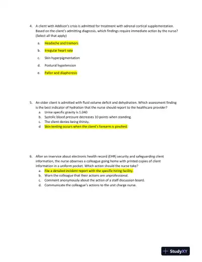 2022 HESI RN Nursing Diagnosis Exit Exam With Answers (160 Solved Questions) - Page 4 preview image