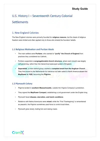 U.S. History I - Seventeenth Century Colonial Settlements - Page 1 preview image