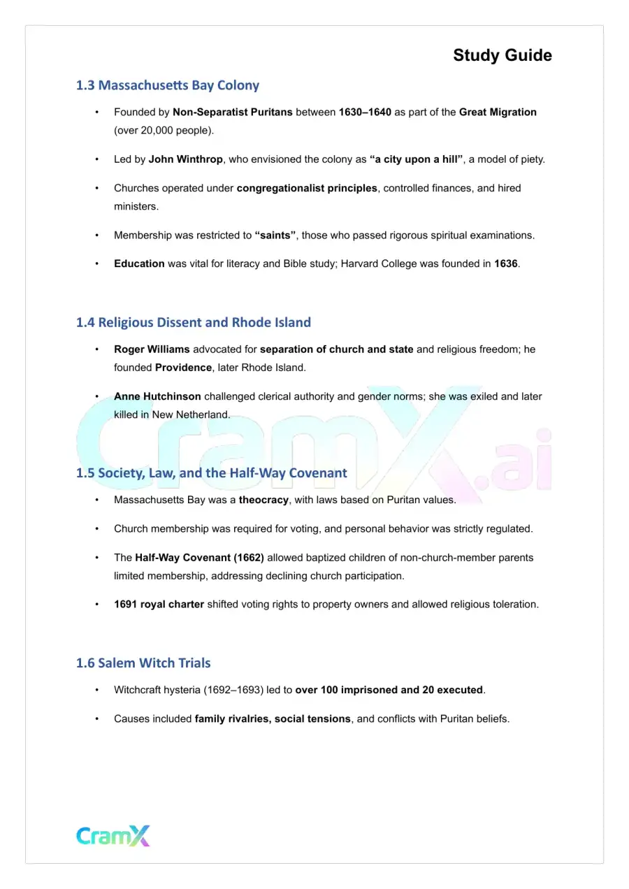 U.S. History I - Seventeenth Century Colonial Settlements, page 2