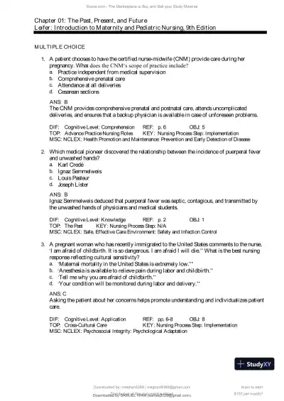 Test Bank for Introduction to Maternity and Pediatric Nursing, 9th Edition (Chapters 1-34) - Page 1 preview image