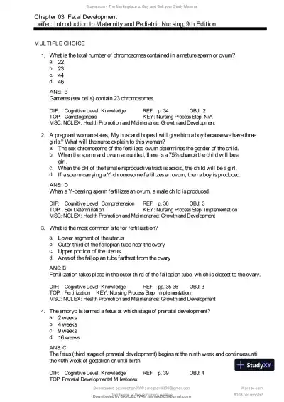 Test Bank for Introduction to Maternity and Pediatric Nursing, 9th Edition (Chapters 1-34) - Page 21 preview image