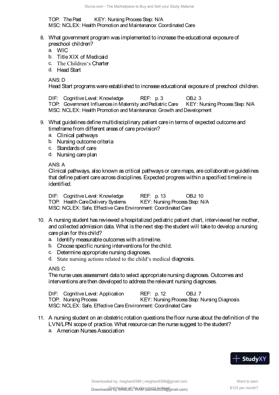 Test Bank for Introduction to Maternity and Pediatric Nursing, 9th Edition (Chapters 1-34), page 4