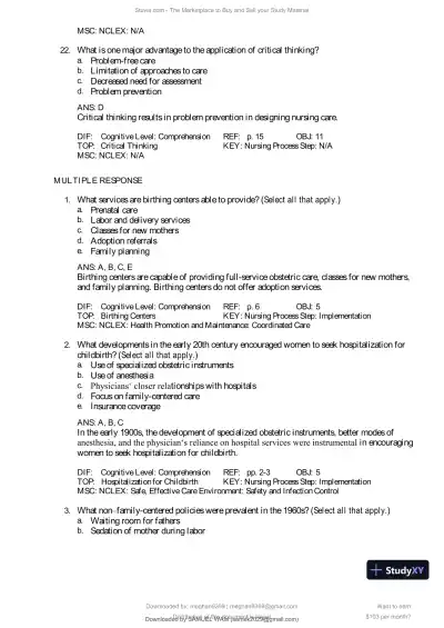 Test Bank for Introduction to Maternity and Pediatric Nursing, 9th Edition (Chapters 1-34) - Page 8 preview image