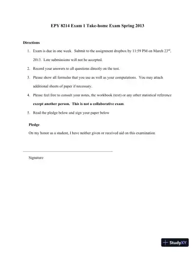 EPY 8214 Exam 1 Take-Home Exam Spring 2013 - Page 1 preview image