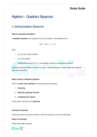 Algebra I – Quadratic Equations - Page 1 preview image