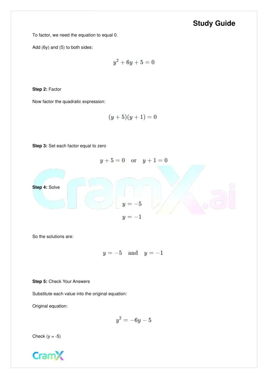 Algebra I – Quadratic Equations, page 4