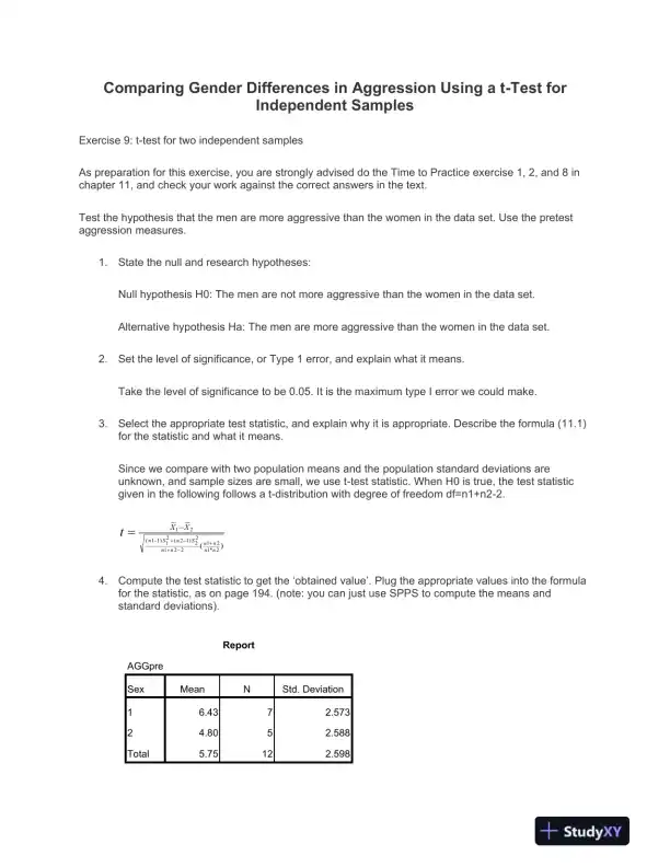 Comparing Gender Differences in Aggression Using a t-Test for Independent Samples - Page 1 preview image