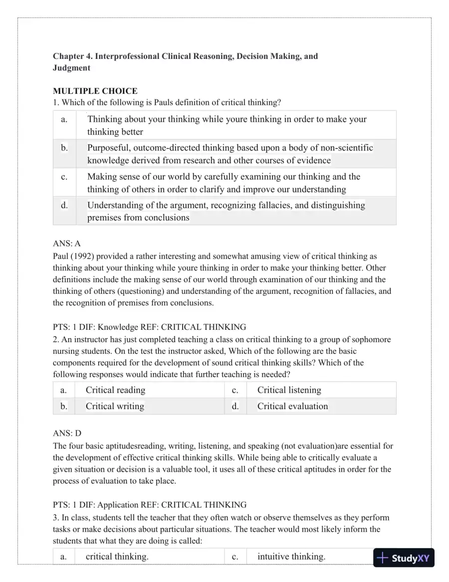 Test Bank for Critical Thinking, Clinical Reasoning, and Clinical Judgment: A Practical Approach, 7th Edition (Chapters 1-7), page 31