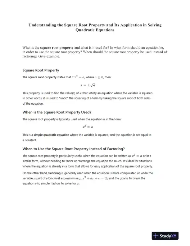 Understanding the Square Root Property and Its Application in Solving Quadratic Equations - Page 1 preview image