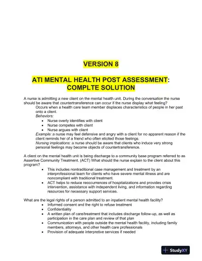 ATI RN Mental Health Proctored Exam NGN Version 8 With Answers (12 Solved Questions) - Page 1 preview image