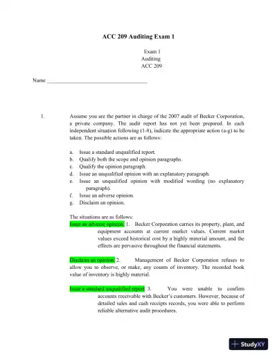 ACC 209 Auditing Exam 1 - Page 1 preview image